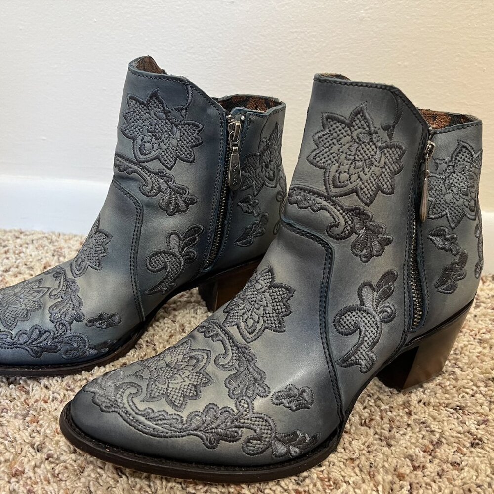 Floral Embroidered Ankle Boots in Charcoal
